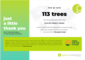 A certificate for planting 113 in Q2 2025 on behalf of Spairliners for shipping. This is an initiative in cooperation with the non-profit Trees for the Future.