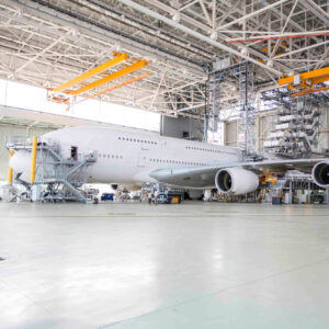 A380 in Hangar-square Side view of an A380 in a hangar for maintenance
