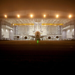 Look in hangar with A380 at night square Look in a hangar with A380 at night
